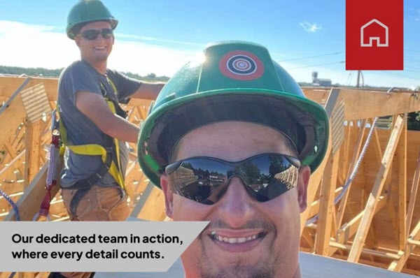 Two Shakota Carpentry carpenters standing on roof trusses smiling. Caption on page reads "Our dedicated team in action, where every detail counts."