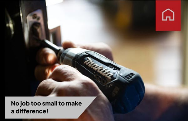 Carpenter using drill to screw in screws in door lock. Caption on page reads "No job too small to make a difference!"