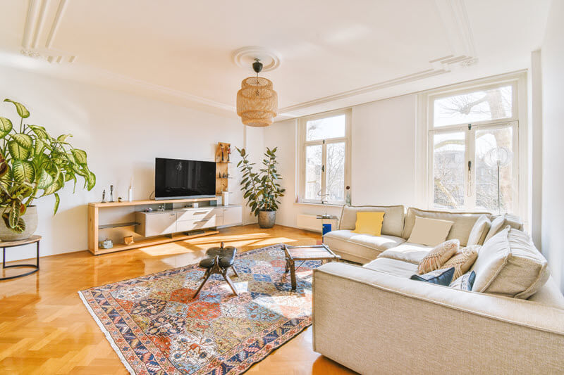 Furmiture in living room. Rug middle flor and huge sun filled windows.